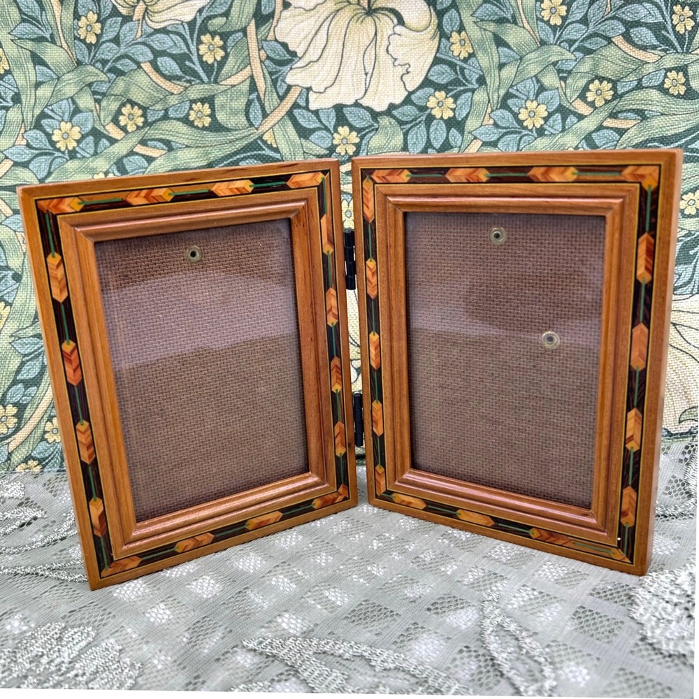 Vintage Wood Inlay Fetco Marquetry Double Frame Standing Wooden
